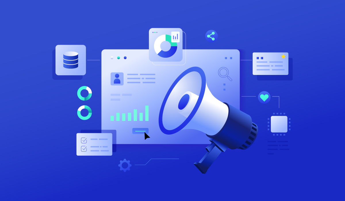Digital marketing dashboard with analytics and megaphone representing guide to choosing the right ad management platform for healthcare publishers