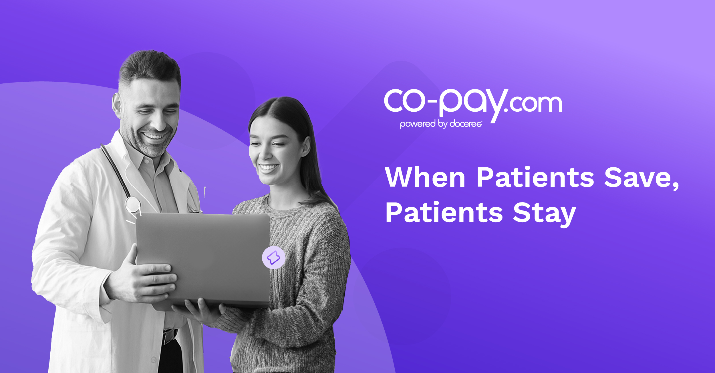 Doctor and patient smiling while viewing a laptop, representing how co-pay.com helps patients stay on therapy through savings.