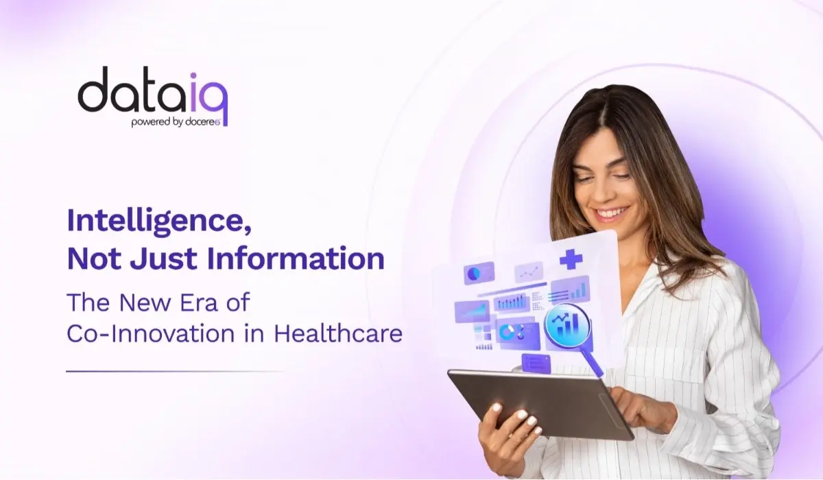 Woman using a digital tablet with data visualizations, representing Doceree’s DataIQ and the new era of co-innovation in healthcare intelligence.