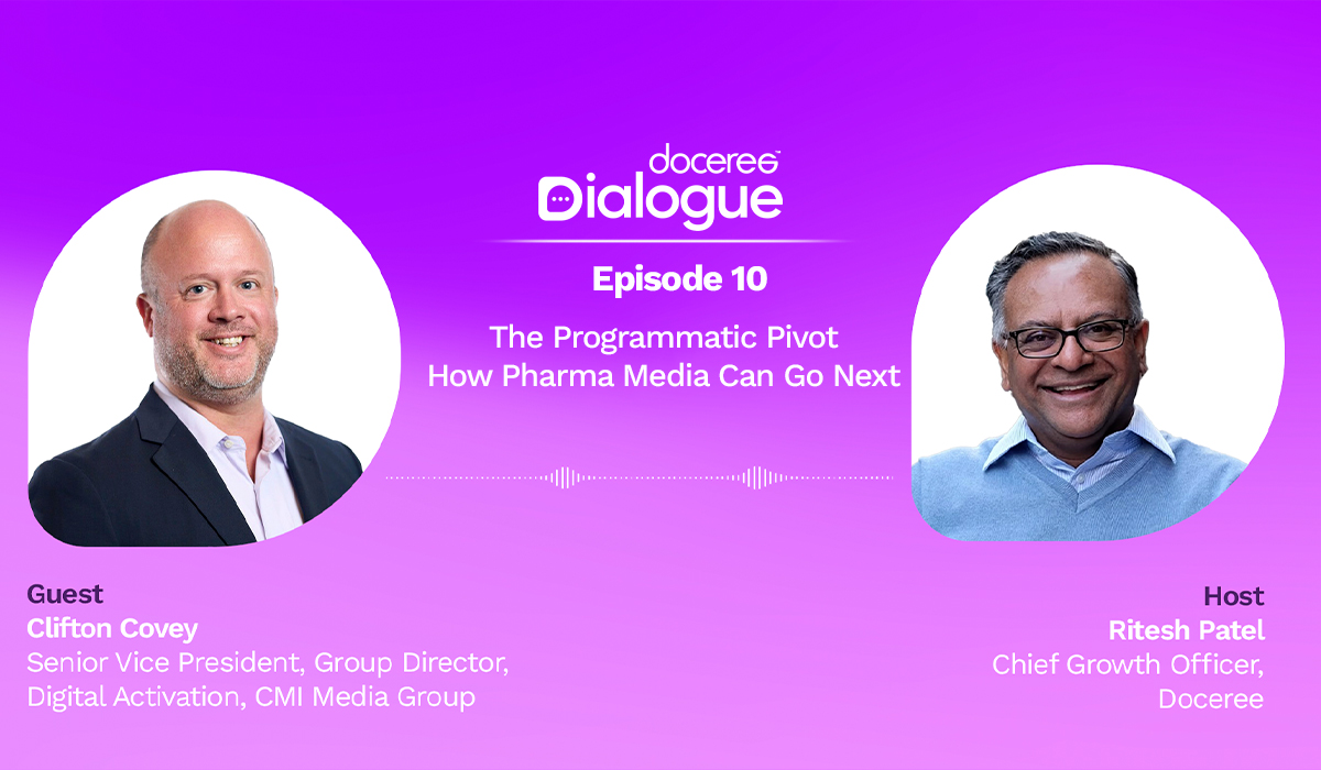 Doceree Dialogue Episode 10 podcast banner featuring Cliff Covey and Ritesh Patel discussing the programmatic pivot and future of pharma media