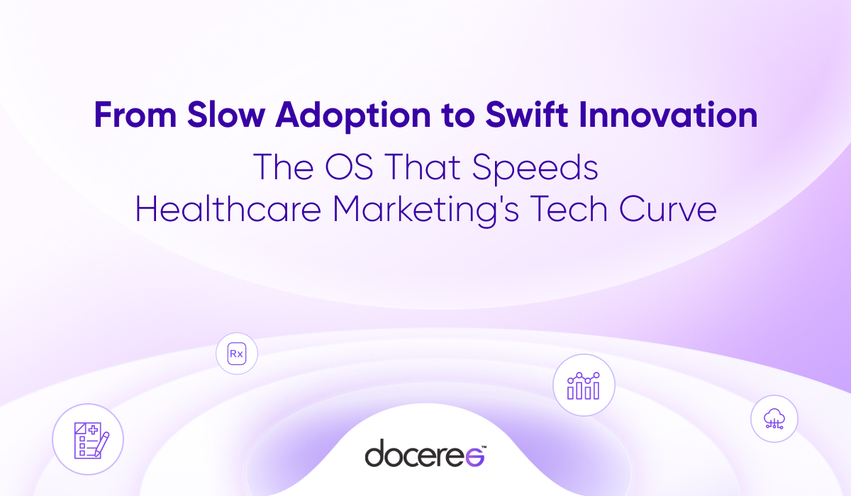 Banner showing the theme ‘From Slow Adoption to Swift Innovation’ highlighting Doceree’s Healthcare Marketing OS that accelerates technology adoption for healthcare marketers.