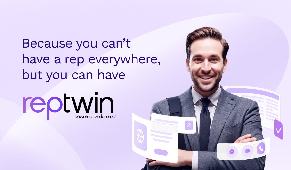 Smiling virtual brand representative concept with RepTwin by Doceree, highlighting 24/7 AI-powered HCP engagement and the message ‘Because you can’t have a rep everywhere, but you can have RepTwin.